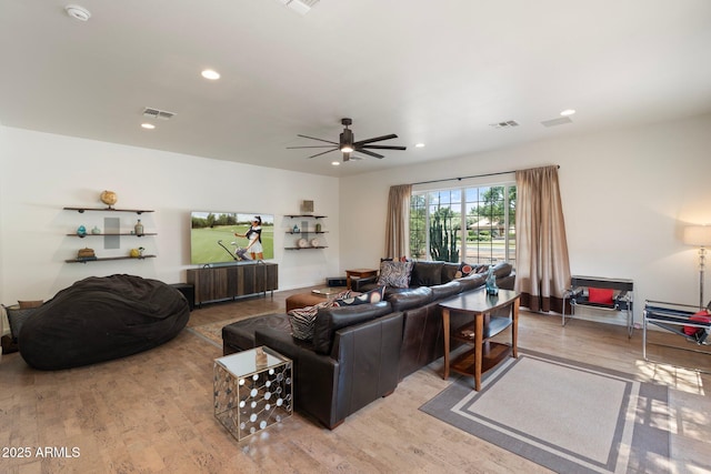 5540 E Mercer Ln, Scottsdale, AZ 85254 - living room with light wood-type flooring, ceiling fan, and recessed lighting