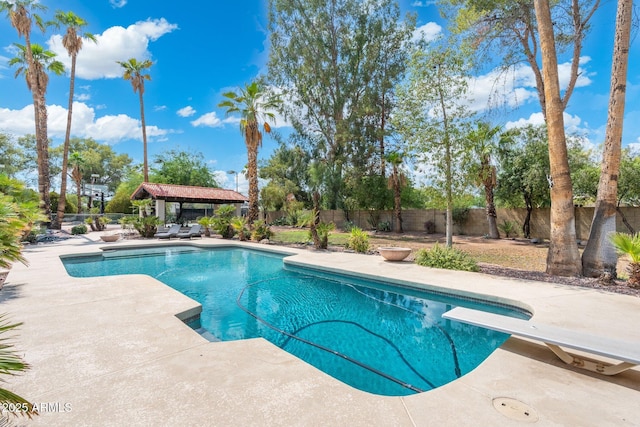 5540 E Mercer Ln, Scottsdale, AZ 85254 - view of swimming pool with a fenced backyard, a gazebo, a patio area, and a diving board
