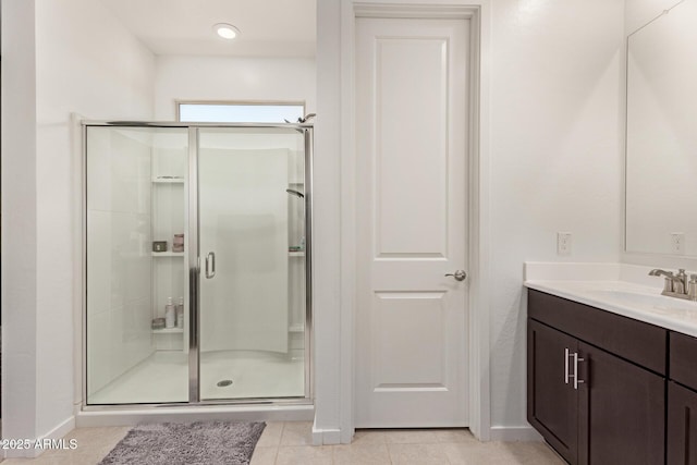 17344 W Red Fox Rd, Surprise, AZ 85387 - bathroom featuring vanity, tile patterned flooring, baseboards, and a shower stall