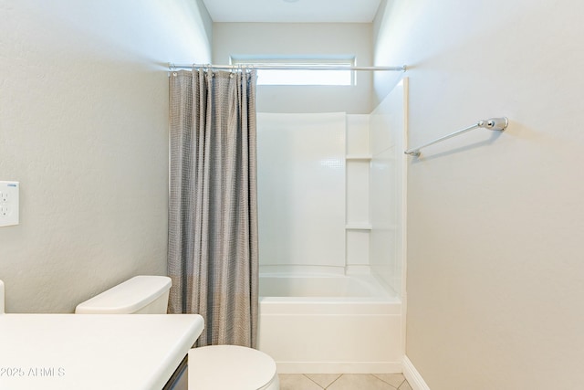 bathroom with shower / tub combo with curtain, vanity, toilet, and tile patterned floors