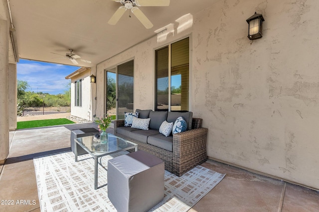 view of patio with ceiling fan and an outdoor hangout area