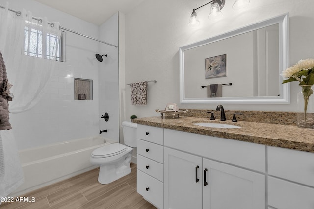 full bathroom with vanity, toilet, and shower / bathtub combination with curtain