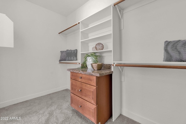 walk in closet with light carpet