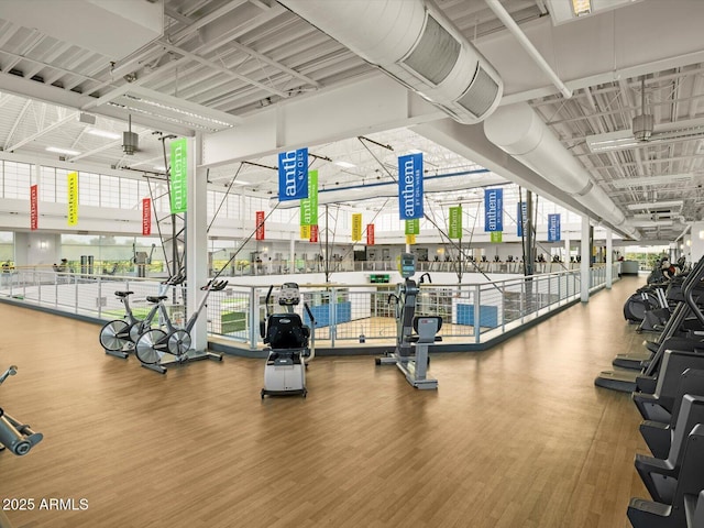 exercise room with wood finished floors and expansive windows