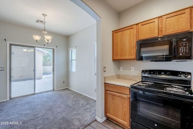 14881 W Ashland Ave, Goodyear, AZ 85395 - kitchen featuring black appliances, light countertops, a chandelier, light colored carpet, and baseboards