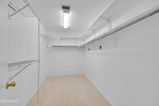 walk in closet with light carpet