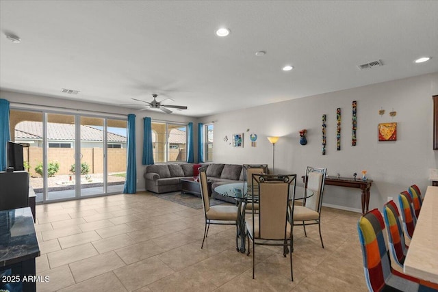 22912 E Domingo Rd, Queen Creek, AZ 85142 - dining room featuring ceiling fan, light tile patterned floors, visible vents, and recessed lighting