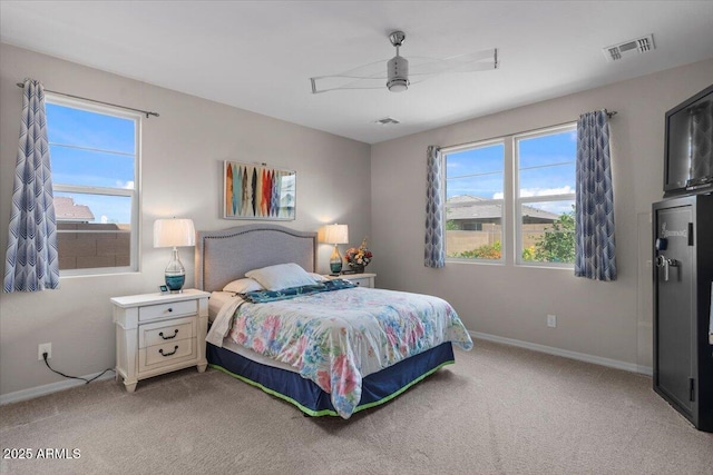 22912 E Domingo Rd, Queen Creek, AZ 85142 - bedroom with light colored carpet, baseboards, a ceiling fan, and visible vents