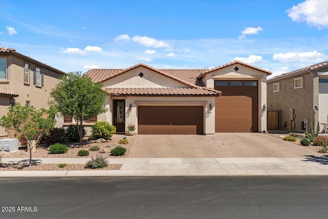 22912 E Domingo Rd, Queen Creek, AZ 85142 - mediterranean / spanish house with stucco siding, driveway, a tiled roof, and a garage