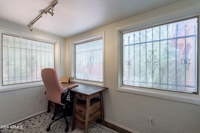 home office featuring track lighting and a healthy amount of sunlight