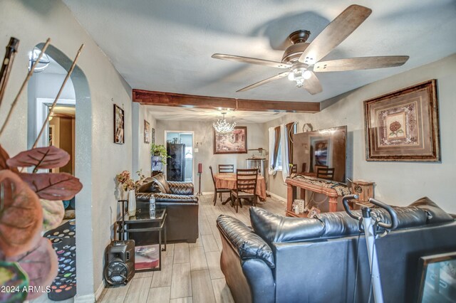 2124 W Maricopa St, Phoenix, AZ 85009 - living area featuring ceiling fan, beam ceiling, baseboards, and light wood-style floors