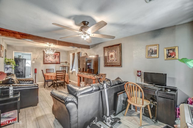 2124 W Maricopa St, Phoenix, AZ 85009 - living room featuring a ceiling fan, beamed ceiling, a chandelier, and baseboards