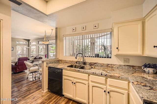 9707 E Mountain View Rd Unit 1408, Scottsdale, AZ 85258 - kitchen featuring dishwasher, a sink, dark wood finished floors, open floor plan, and light stone countertops