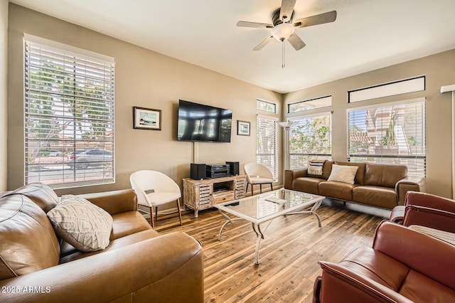 9707 E Mountain View Rd Unit 1408, Scottsdale, AZ 85258 - living area featuring hardwood / wood-style floors and ceiling fan