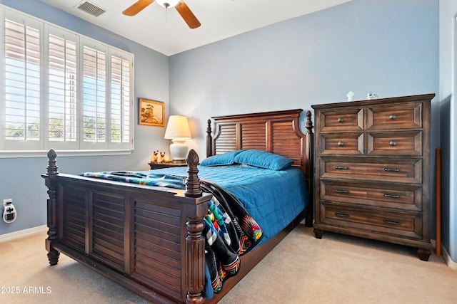 601 E Phoenix St, Payson, AZ 85541 - bedroom with light colored carpet, baseboards, visible vents, and ceiling fan