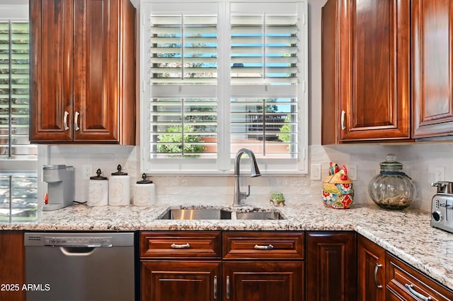 601 E Phoenix St, Payson, AZ 85541 - kitchen featuring light stone counters, a sink, backsplash, and dishwasher