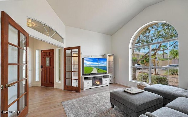 1213 W Beck Ln, Phoenix, AZ 85023 - living room with lofted ceiling, french doors, wood finished floors, plenty of natural light, and a glass covered fireplace