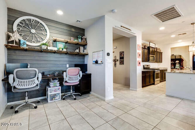 home office featuring light tile patterned floors, recessed lighting, and visible vents