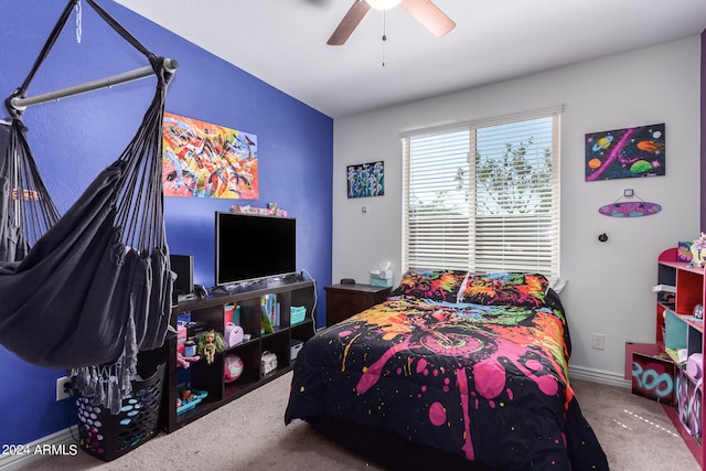 bedroom with carpet flooring and ceiling fan