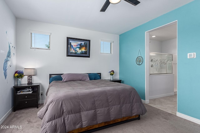 bedroom with light colored carpet and ceiling fan