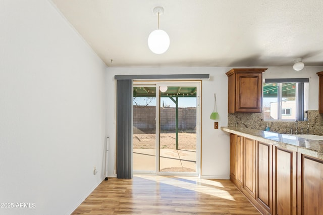 interior space featuring pendant lighting, light hardwood / wood-style floors, sink, and backsplash