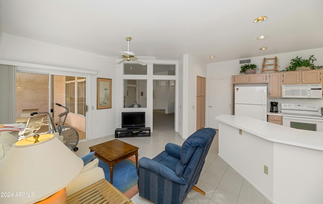 living room featuring light tile patterned floors and ceiling fan