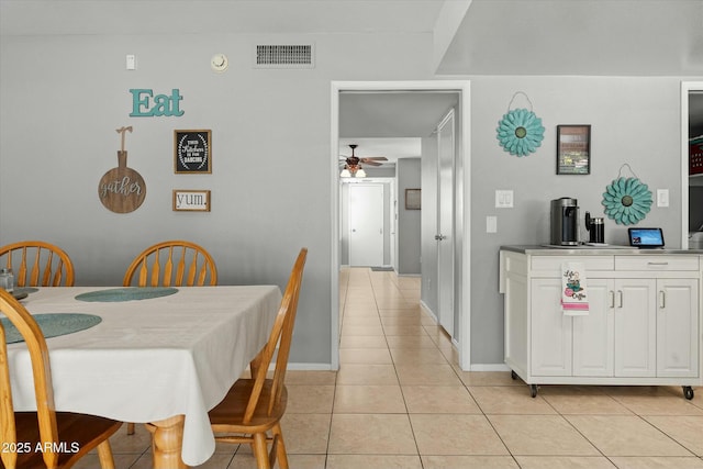 dining room with a ceiling fan, light tile patterned floors, baseboards, and visible vents
