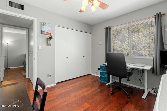 home office with plenty of natural light, visible vents, wood finished floors, and a ceiling fan