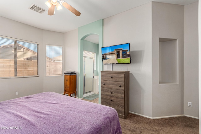 bedroom with ceiling fan and carpet floors