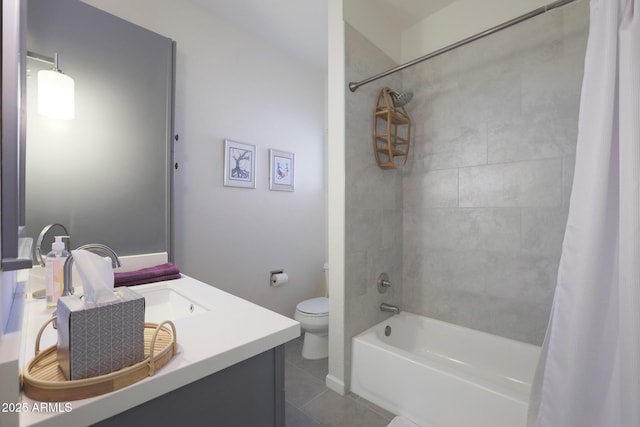 full bath featuring vanity, tile patterned floors, toilet, and shower / tub combo with curtain