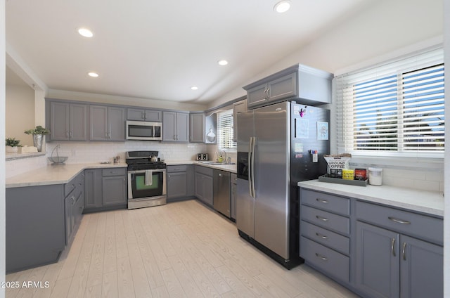 kitchen with gray cabinets, a sink, tasteful backsplash, appliances with stainless steel finishes, and light wood finished floors