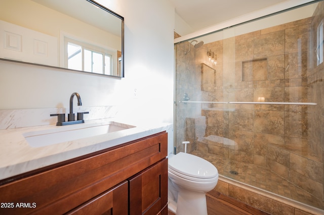 bathroom featuring vanity, toilet, and a shower with door