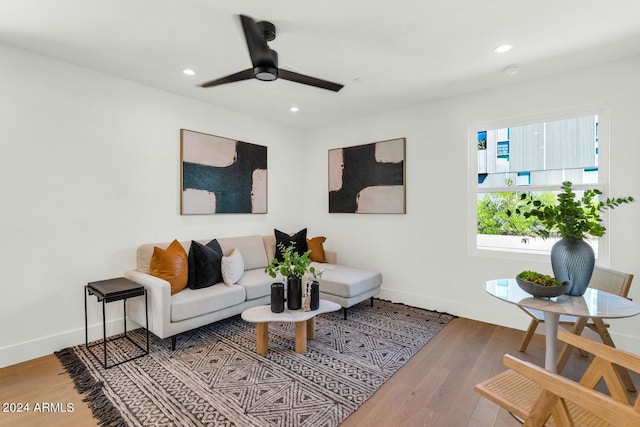 living room with hardwood / wood-style flooring and ceiling fan