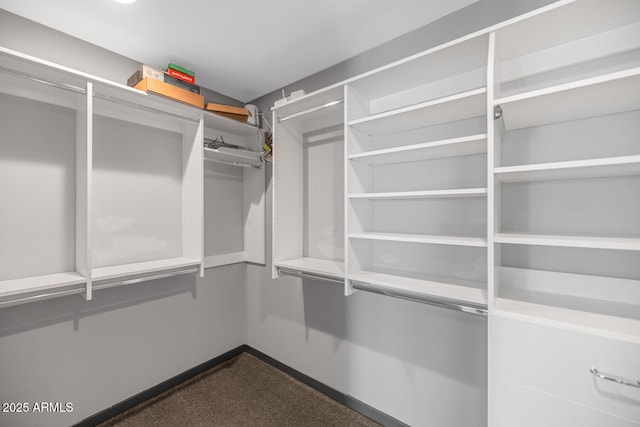 spacious closet featuring dark carpet