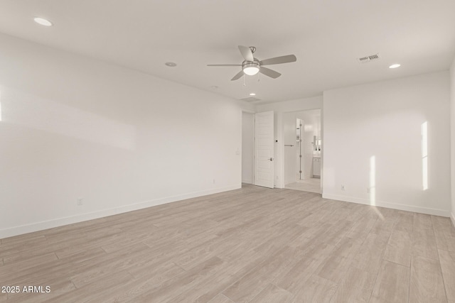 empty room featuring ceiling fan, recessed lighting, visible vents, baseboards, and light wood-style floors