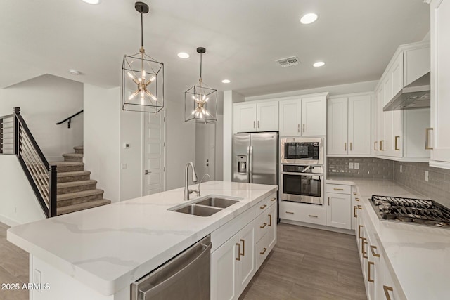 kitchen with visible vents, decorative backsplash, appliances with stainless steel finishes, a sink, and ventilation hood