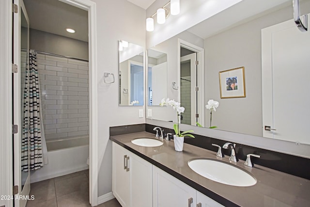 full bathroom with a wall mounted air conditioner, toilet, vanity, shower / tub combo with curtain, and tile patterned flooring