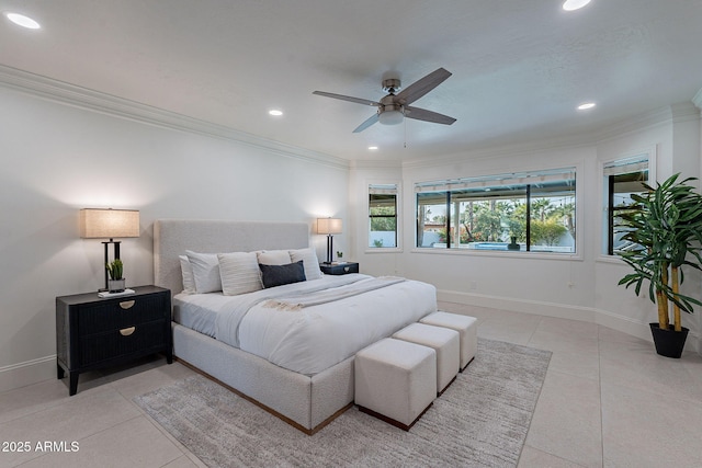 tiled bedroom featuring crown molding and ceiling fan