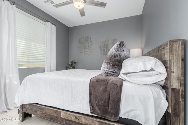 bedroom with visible vents and a ceiling fan