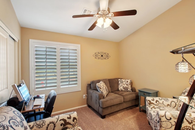 office area featuring light colored carpet and ceiling fan