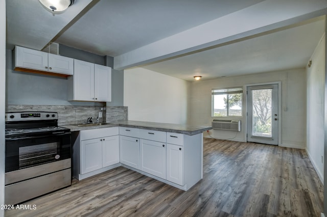 kitchen featuring white cabinets, range with electric cooktop, hardwood / wood-style floors, and kitchen peninsula