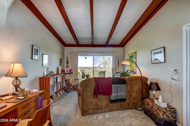 living room with beam ceiling and carpet