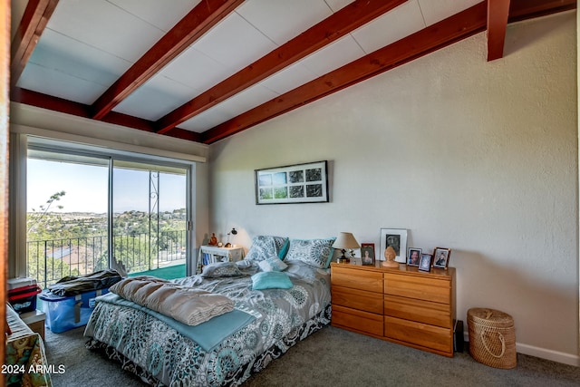 carpeted bedroom with vaulted ceiling with beams