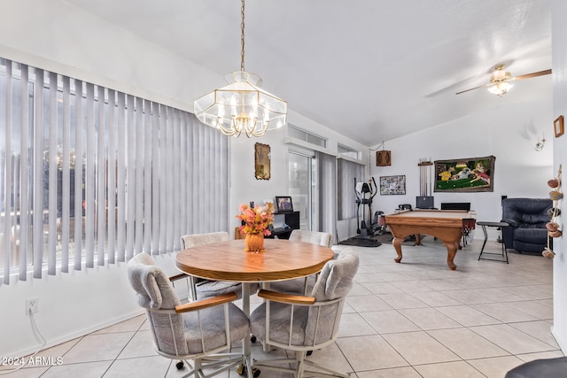 dining room featuring pool table, a healthy amount of sunlight, light tile patterned flooring, and vaulted ceiling