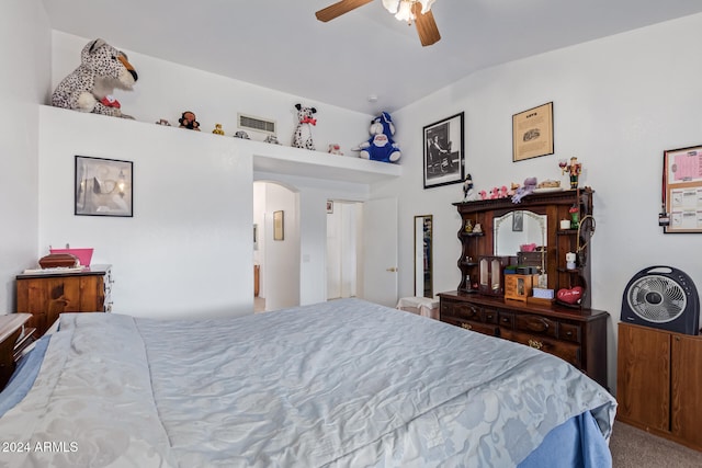 carpeted bedroom featuring ceiling fan