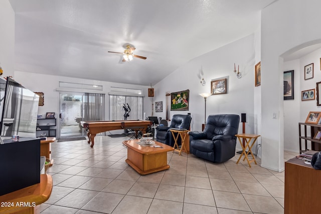 playroom with billiards, lofted ceiling, light tile patterned flooring, and ceiling fan