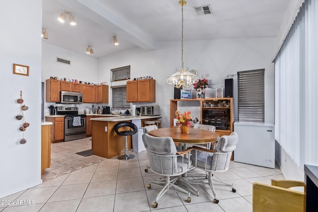 tiled dining space with high vaulted ceiling, an inviting chandelier, and beam ceiling