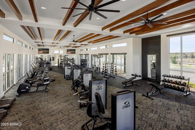 workout area with dark colored carpet and ceiling fan