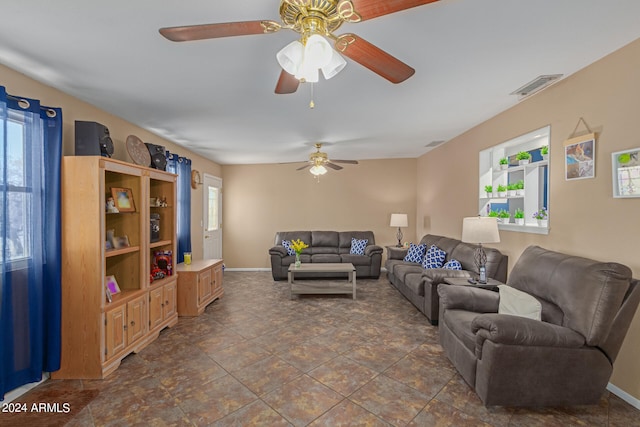 living room with ceiling fan