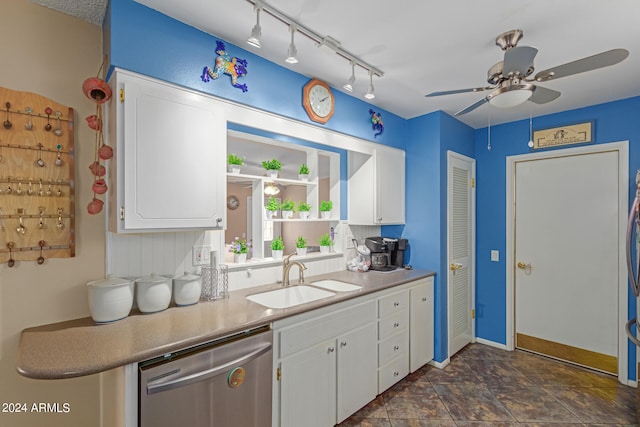 kitchen with white cabinets, ceiling fan, sink, and stainless steel dishwasher